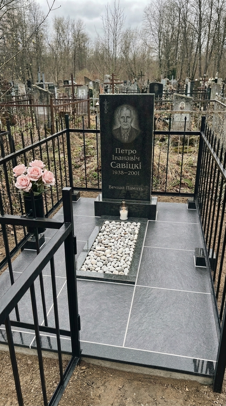 Могила после работ — керамогранит, белая галька, чёрная ограда