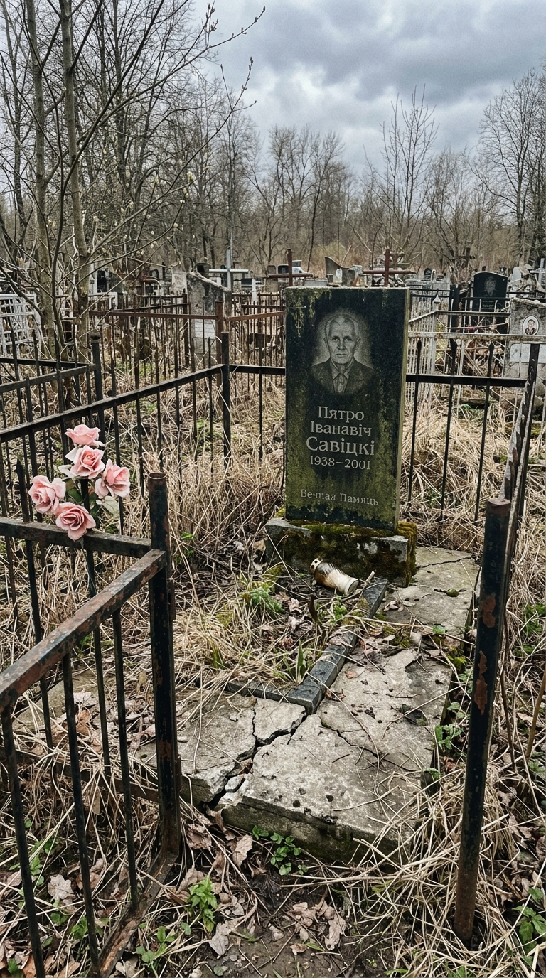 Могила до работ — запущенное состояние, сломанная ограда, потрескавшаяся плитка